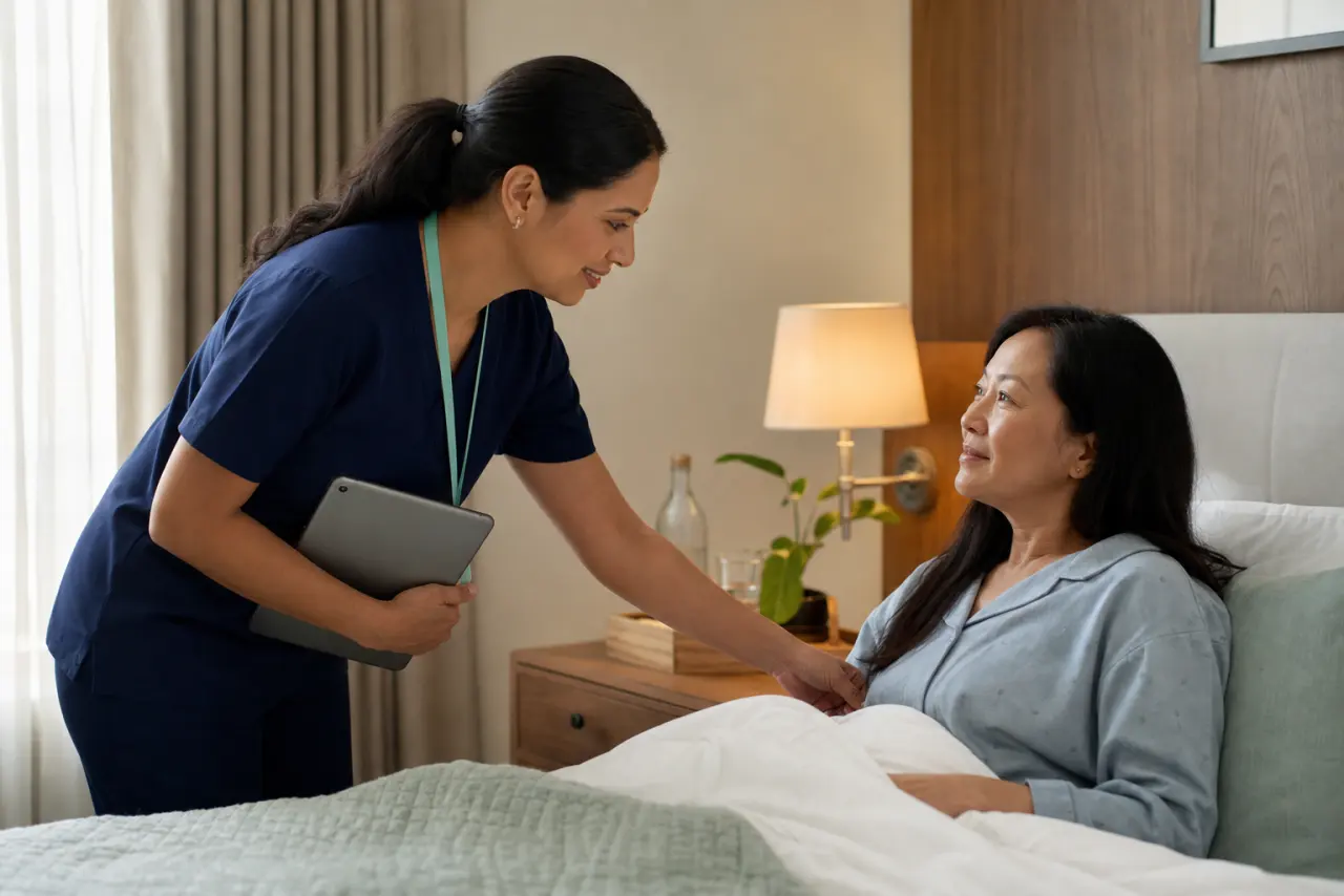 An IsoMed Care caregiver leaning in to check on a smiling patient resting in bed, holding her hand reassuringly.