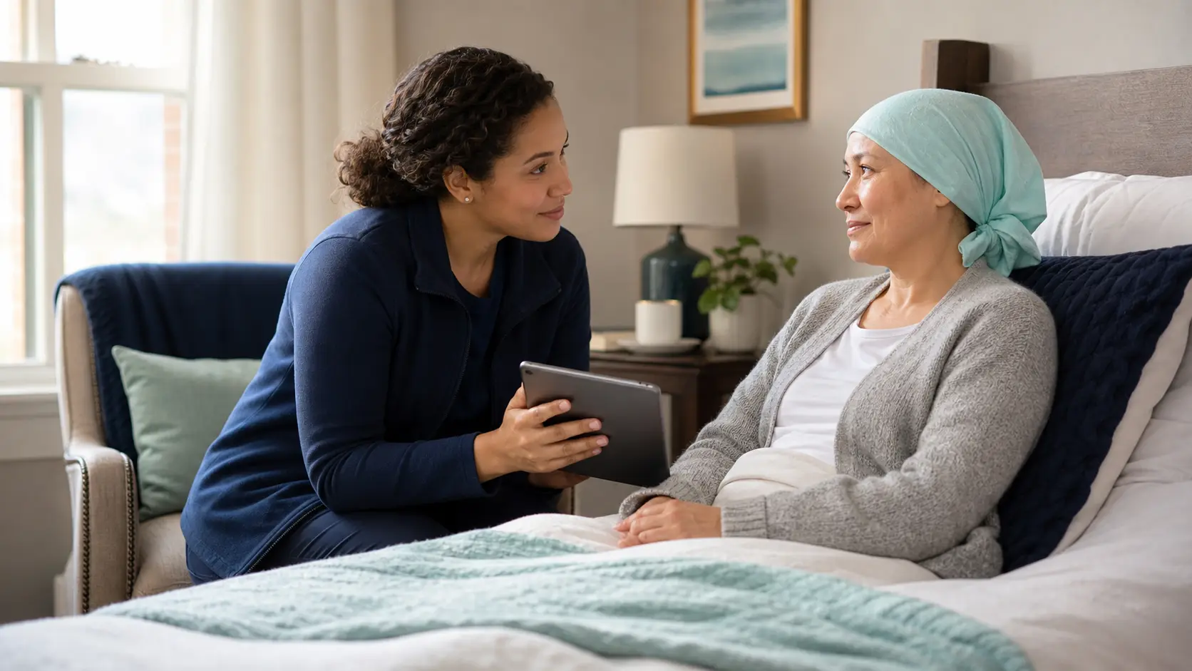 A trained IsoMed Care caregiver sitting at a patient's bedside in a warm, sunlit room, reviewing care together on a tablet.