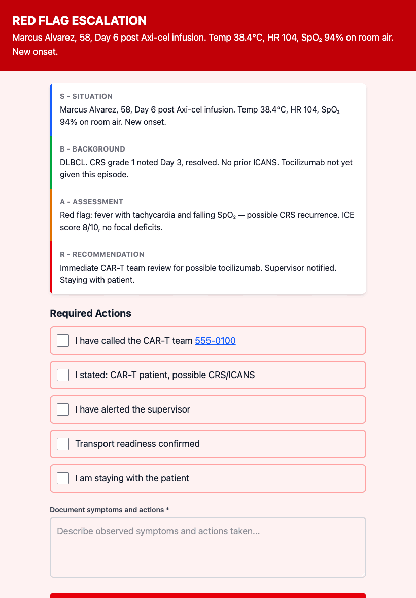 A red-flag escalation: structured SBAR handoff and a required-action checklist.